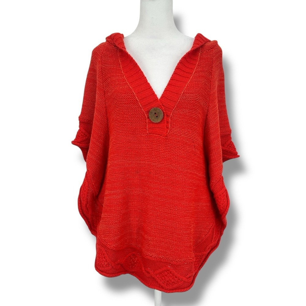 Free People Hooded Poncho-Style Knit Pullover Sz M/L Coral Red Boho Oversized